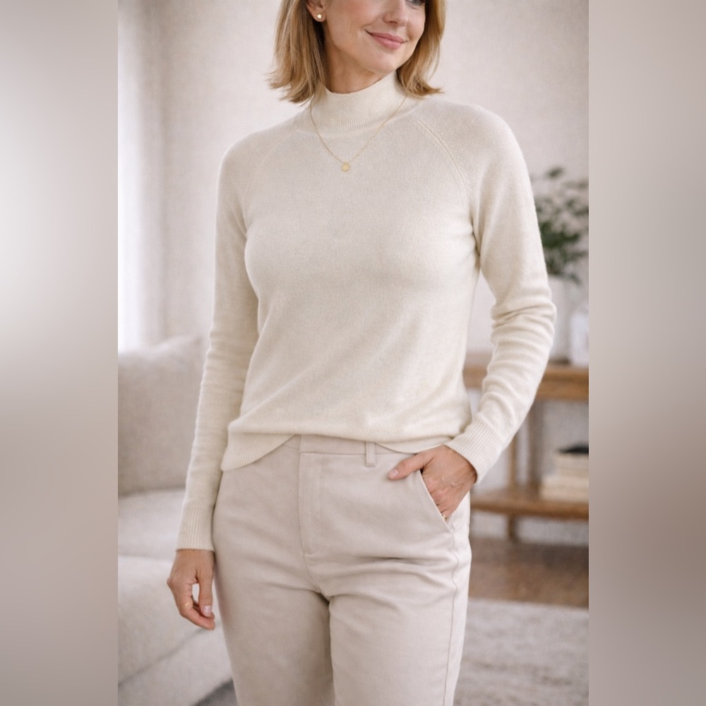 Mock Neck Long‎ Sleeve Sweater Pullover Ivory Knit Top Basic Essential Small